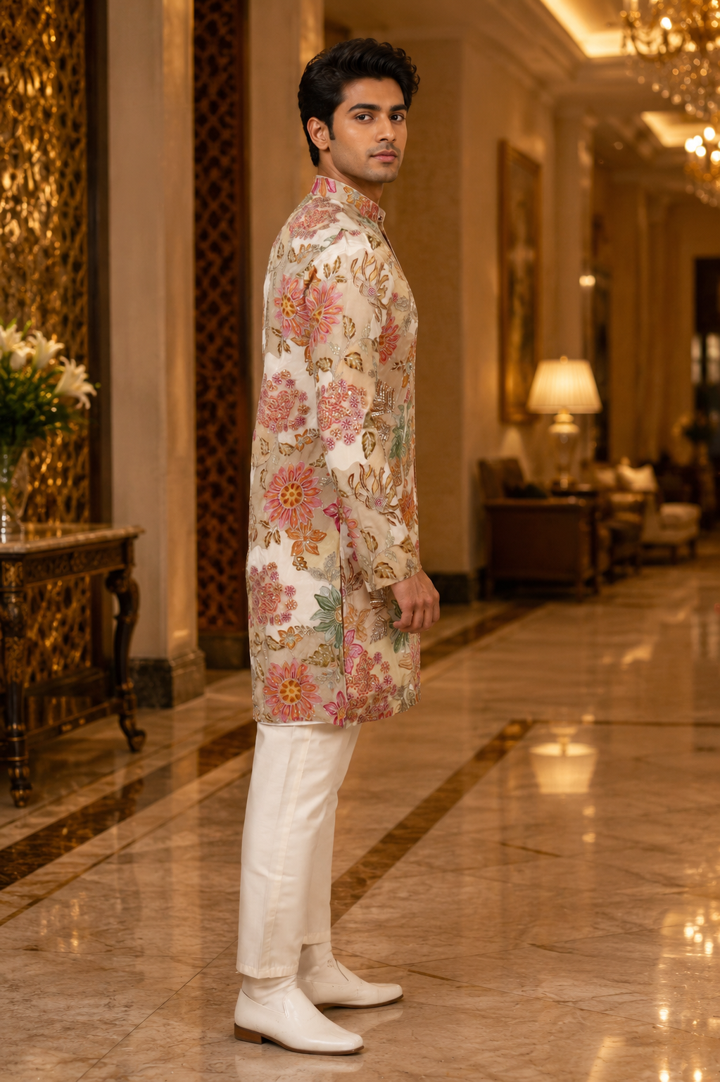 440AEM Premium Men's Floral Printed Kurta Set – Imported Fabric | Elegant Ethnic & Festive Wear 440AEM-366-FWN - Image 4