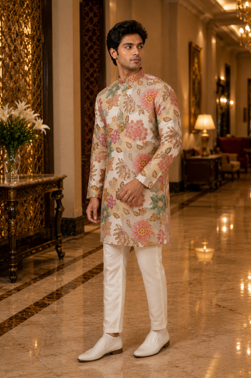 440AEM Premium Men's Floral Printed Kurta Set – Imported Fabric | Elegant Ethnic & Festive Wear 440AEM-366-FWN - Image 3