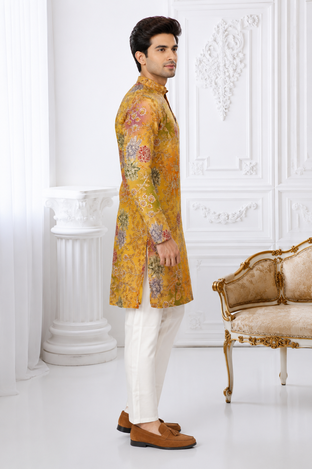 441AEM Premium Men's Mustard Floral Printed Kurta Set – Imported Fabric | Designer Ethnic & Festive Wear 441AEM-366-YLW - Image 2