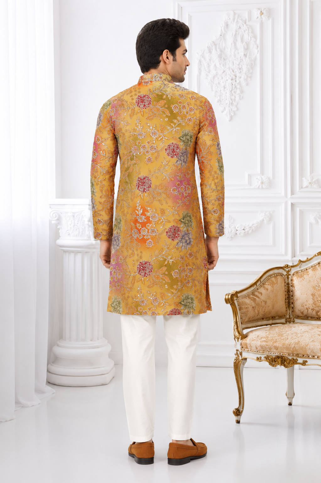 441AEM Premium Men's Mustard Floral Printed Kurta Set – Imported Fabric | Designer Ethnic & Festive Wear 441AEM-366-YLW - Image 4
