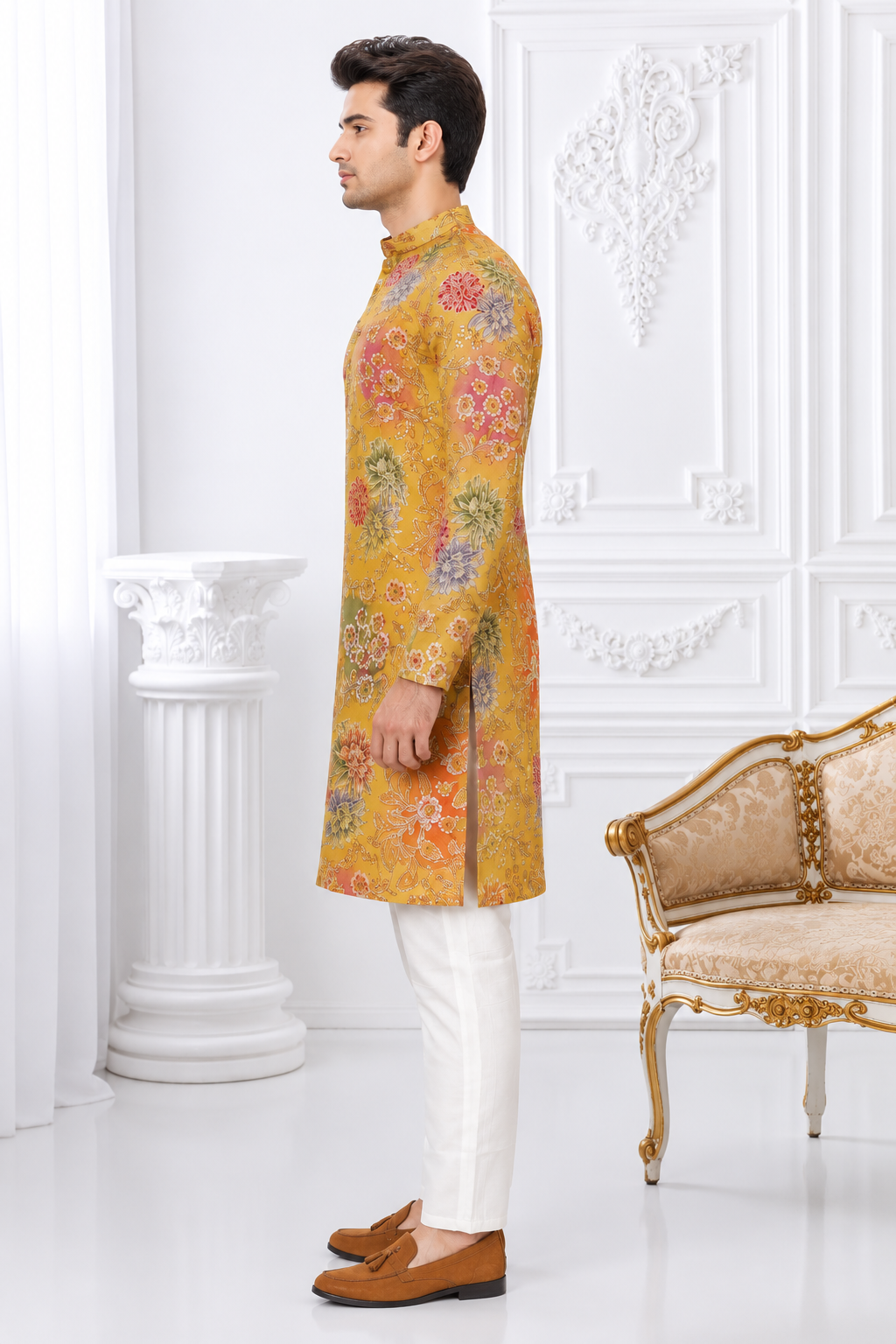 441AEM Premium Men's Mustard Floral Printed Kurta Set – Imported Fabric | Designer Ethnic & Festive Wear 441AEM-366-YLW - Image 3
