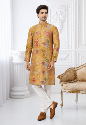 441AEM Premium Men's Mustard Floral Printed Kurta Set – Imported Fabric | Designer Ethnic & Festive Wear 441AEM-366-YLW