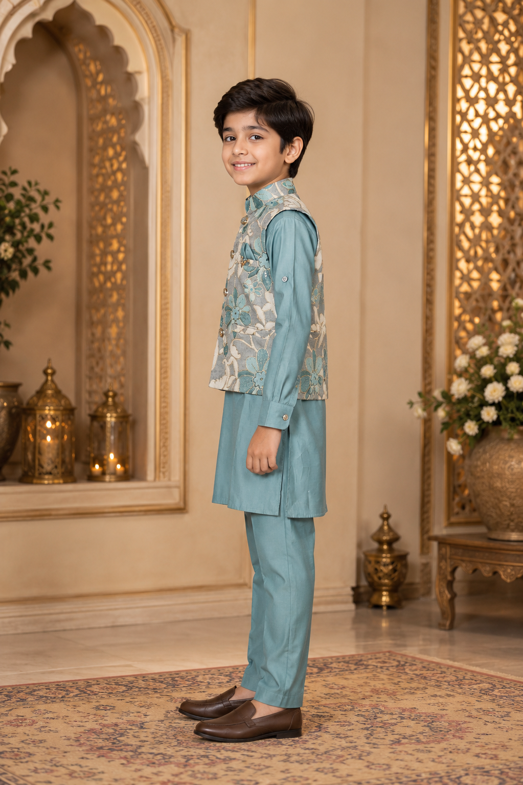 2613EM Premium Boys' Kurta Pajama with Floral Printed Jacket – Imported Fabric | Elegant Festive Ethnic Wear 2613EM-366-C GRN - Image 4