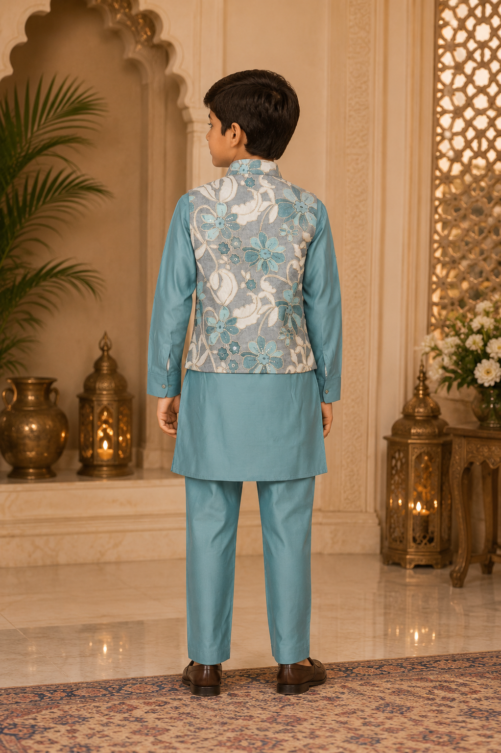 2613EM Premium Boys' Kurta Pajama with Floral Printed Jacket – Imported Fabric | Elegant Festive Ethnic Wear 2613EM-366-C GRN - Image 3