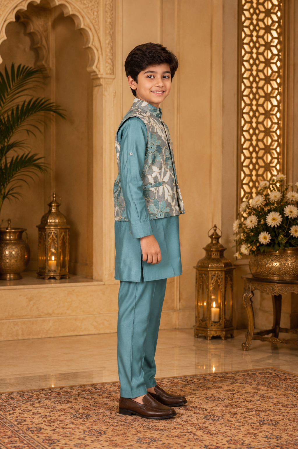 2613EM Premium Boys' Kurta Pajama with Floral Printed Jacket – Imported Fabric | Elegant Festive Ethnic Wear 2613EM-366-C GRN - Image 2
