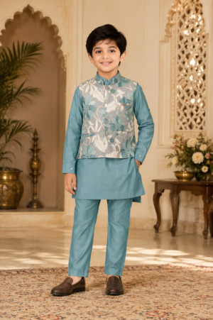2613EM Premium Boys' Kurta Pajama with Floral Printed Jacket – Imported Fabric | Elegant Festive Ethnic Wear 2613EM-366-C GRN