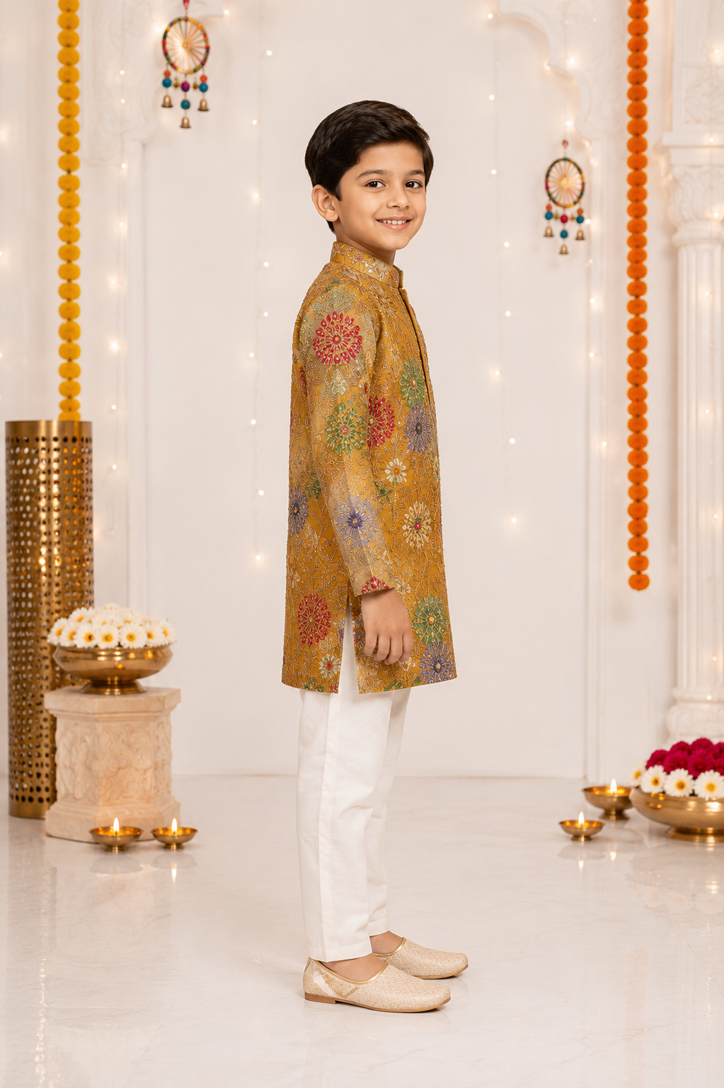441EM Premium Boys' Mustard Floral Printed Kurta Set – Imported Fabric | Festive Ethnic Wear 441EM-366-YLW - Image 4