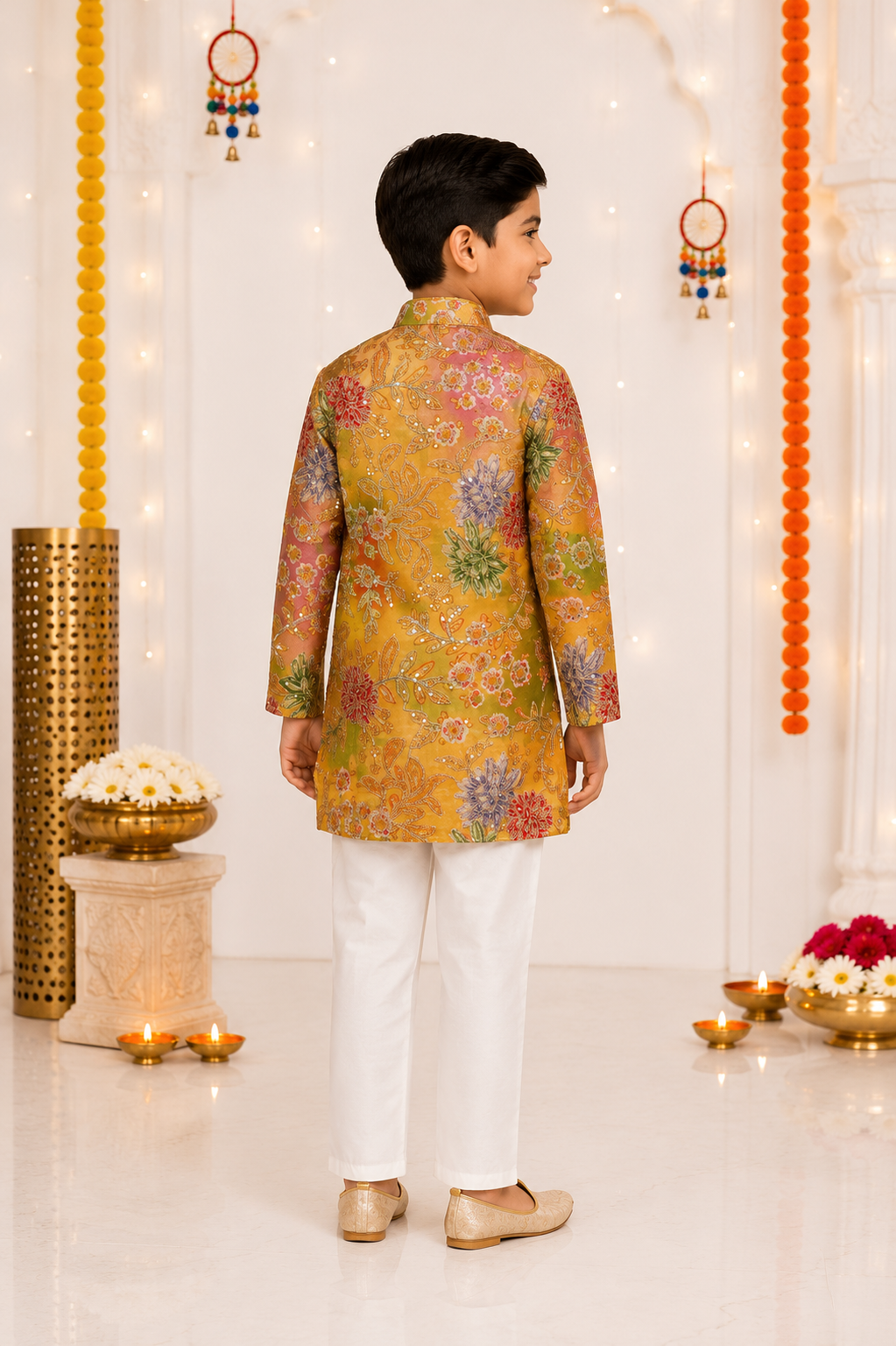 441EM Premium Boys' Mustard Floral Printed Kurta Set – Imported Fabric | Festive Ethnic Wear 441EM-366-YLW - Image 3