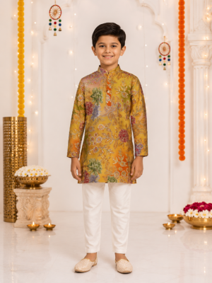 441EM Premium Boys' Mustard Floral Printed Kurta Set – Imported Fabric | Festive Ethnic Wear 441EM-366-YLW