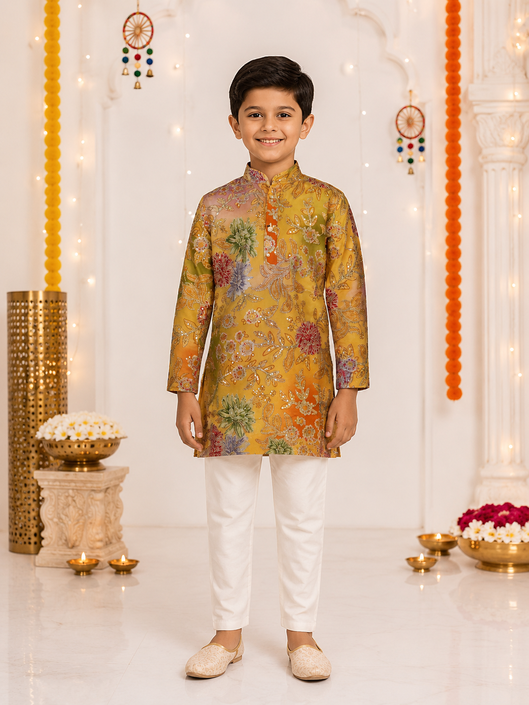 441EM Premium Boys' Mustard Floral Printed Kurta Set – Imported Fabric | Festive Ethnic Wear 441EM-366-YLW