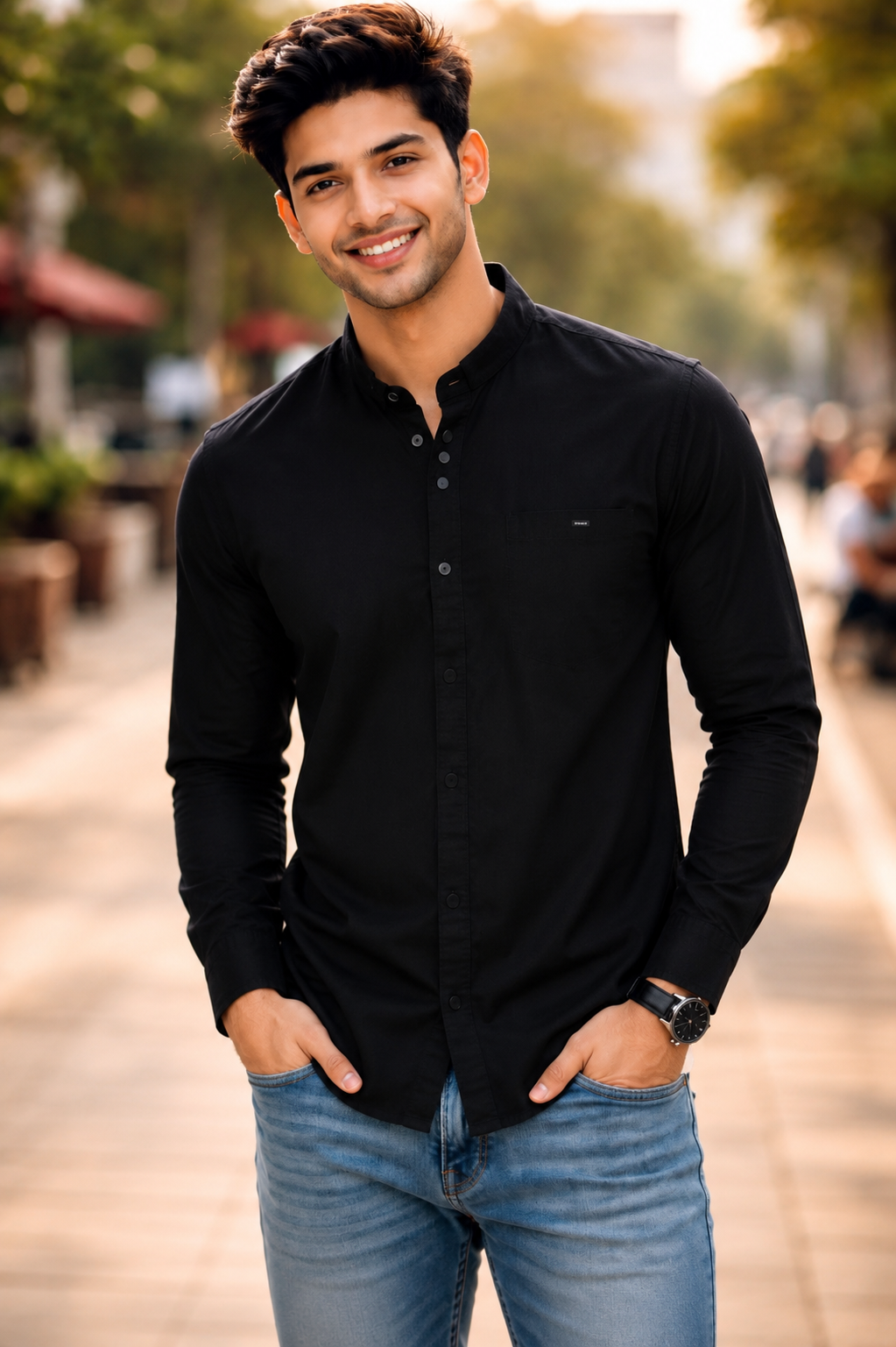 3801BPL- Men's Premium Cotton Black Mandarin Collar Shirt 3801BPL-404-BLK