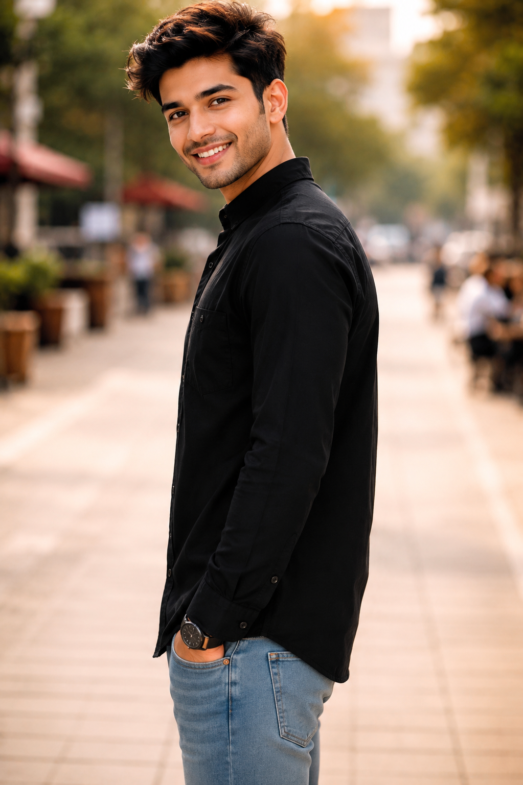 3801BPL- Men's Premium Cotton Black Mandarin Collar Shirt 3801BPL-404-BLK - Image 4