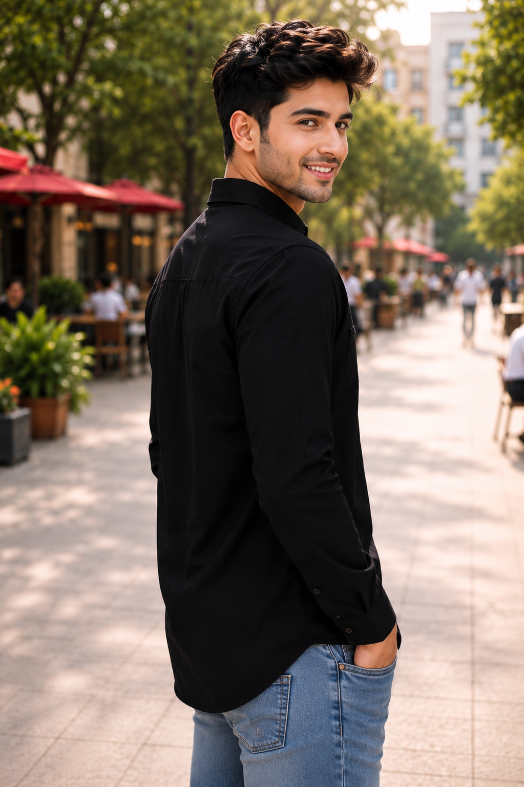3801BPL- Men's Premium Cotton Black Mandarin Collar Shirt 3801BPL-404-BLK - Image 2