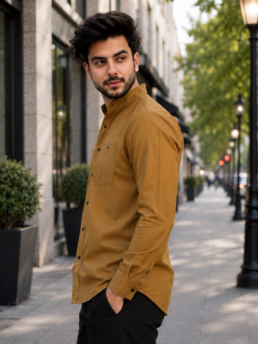 3801CPL Men's Premium Cotton Mustard Mandarin Collar Shirt 3801CPL-404-KHAKI - Image 4