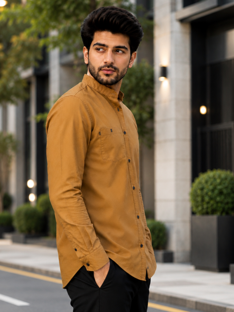 3801CPL Men's Premium Cotton Mustard Mandarin Collar Shirt 3801CPL-404-KHAKI - Image 2