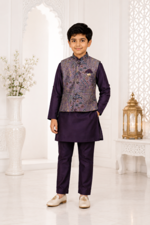 2630EM- Premium Boys' Kurta Pajama with Designer Nehru Jacket – Imported Fabric | Festive Ethnic Wear 2630EM-366-PPL