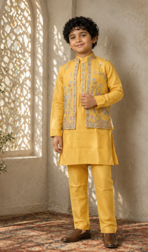 2625 Boys' Embroidered Kurta Jacket Set | Premium Imported Fabric | Festive Ethnic Wear 2625-366-YLW