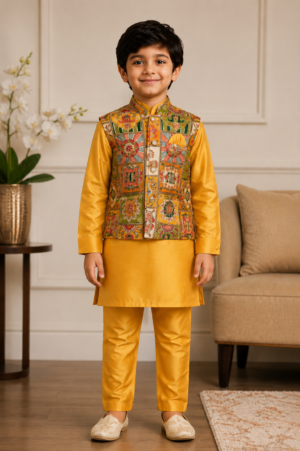 3209 Boys' Premium Mustard Yellow Ethnic Kurta Jacket Set | Imported Fabric 3209-366-HLD
