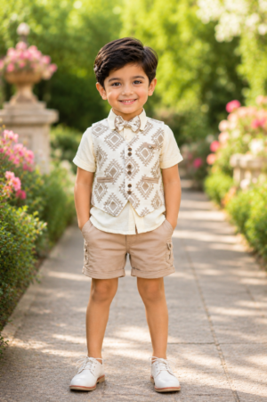 1848PT Premium Boys' Imported Fabric Party Wear Shirt, Waistcoat & Shorts Set 1848PT-268-FWN
