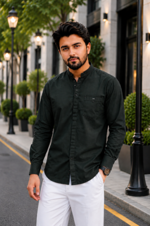 Men's Premium Dark Olive Mandarin Collar Cotton Casual Shirt 3801APL-404-GRN