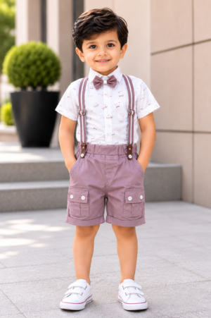 1864PT Premium Boys' Imported Fabric Shirt & Suspender Shorts Set 1864PT-268-LAV