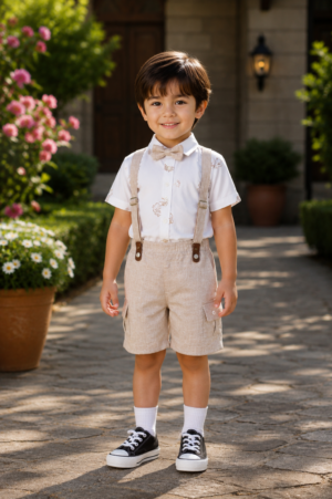 1936PT Premium Boys' Imported Fabric Shirt, Bow Tie & Suspender Shorts Set 1936PT-268-FWN