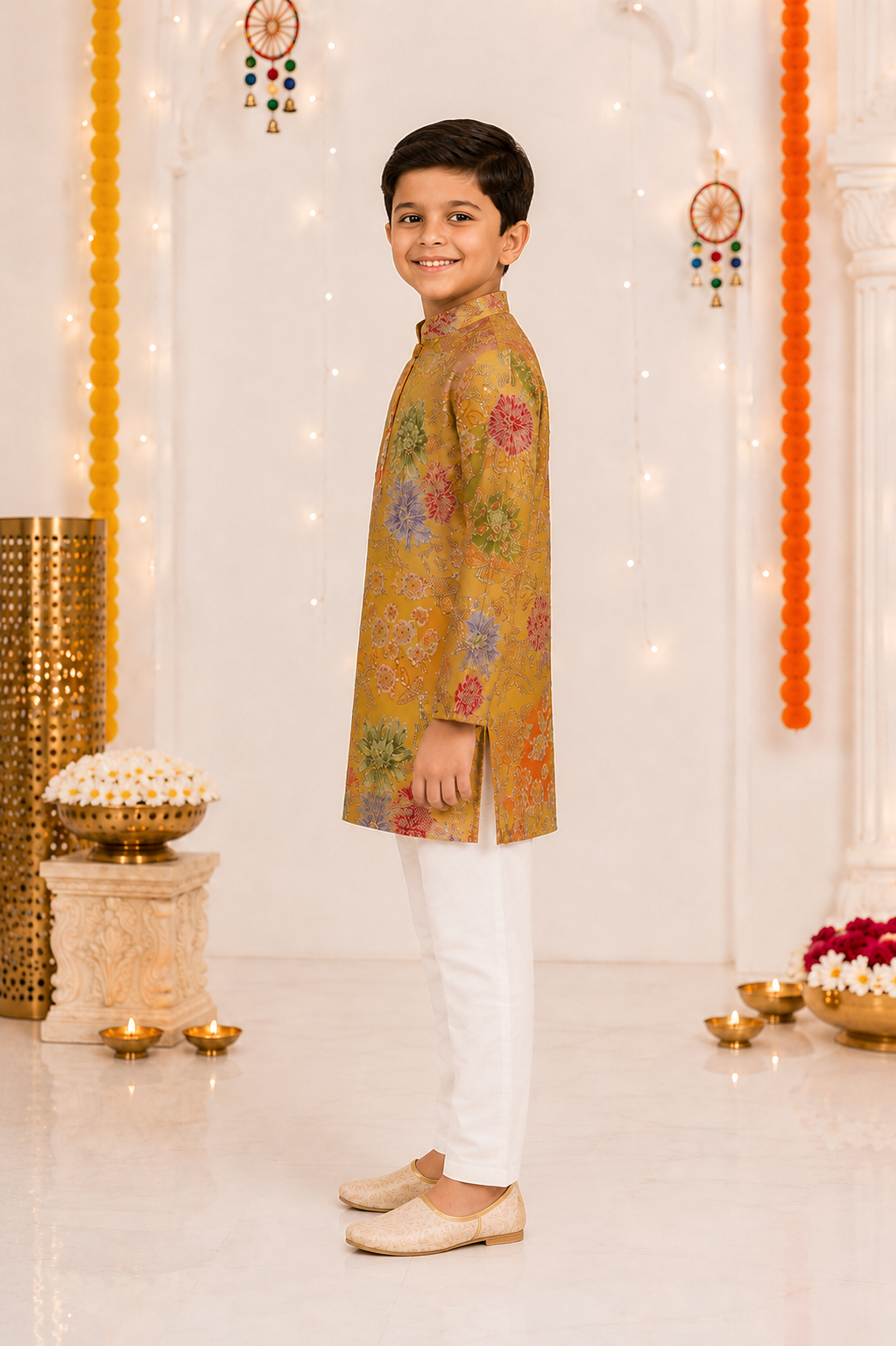 441EM Premium Boys' Mustard Floral Printed Kurta Set – Imported Fabric | Festive Ethnic Wear 441EM-366-YLW - Image 2