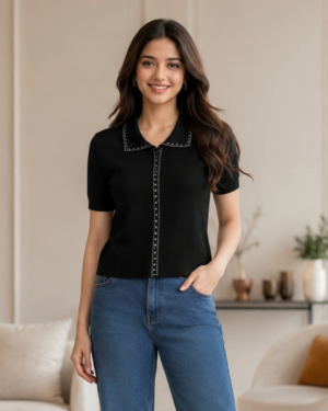 695EM Women's Premium Black Net Fabric Polo Top 695EM-427-BLK