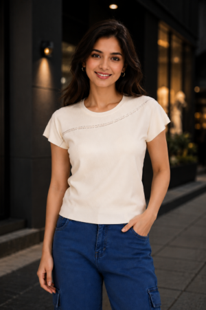 695EM Women's Premium Off-White Net Fabric Casual Top 695EM-427-OF WHT
