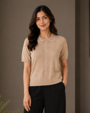 695EM Women's Premium Beige Net Fabric Polo Knit Top 695EM-427-FWN