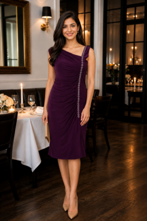 1025PT Imported Fabric Elegant Ruched Midi Dress for Women 1025PT-441-WNE