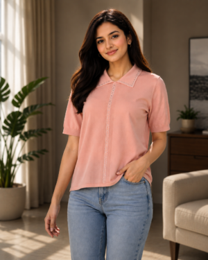 695EM Women's Premium peach  Net Fabric Polo Knit Top 695EM-427-PCH