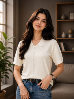 695EM Women's Premium Net Fabric Elegant Knit Top 695EM-427-OF WHT