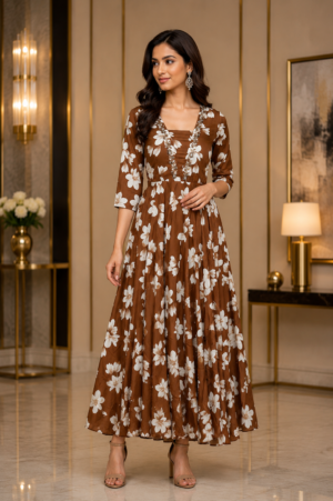 1495FL Women's Premium Brown Floral Imported Fabric Designer Gown 1495FL-427-BRW