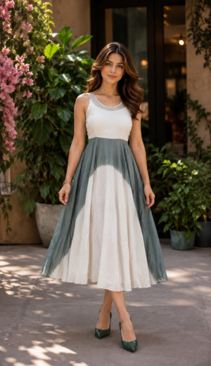 1595EM Women's Elegant Sage Green & Ivory Imported Fabric Designer Gown 1595EM-427-GRY