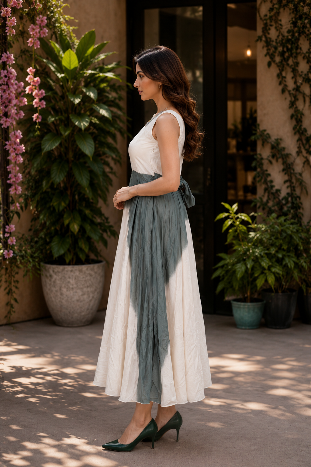 1595EM Women's Elegant Sage Green & Ivory Imported Fabric Designer Gown 1595EM-427-GRY - Image 3
