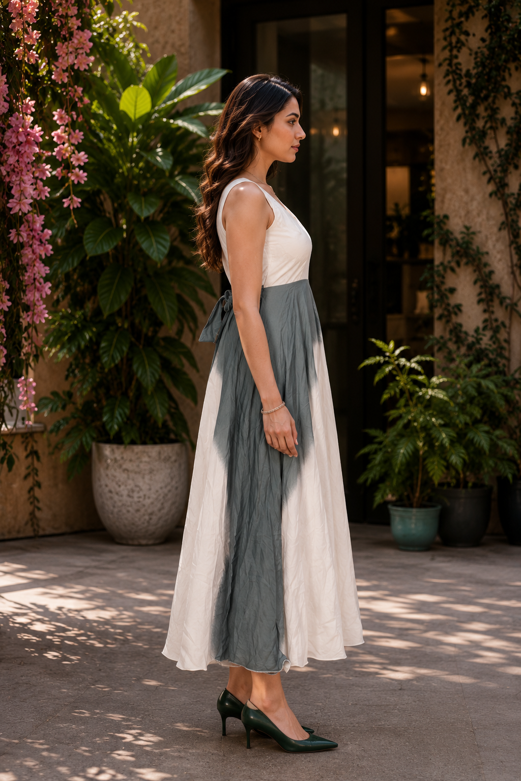 1595EM Women's Elegant Sage Green & Ivory Imported Fabric Designer Gown 1595EM-427-GRY - Image 2