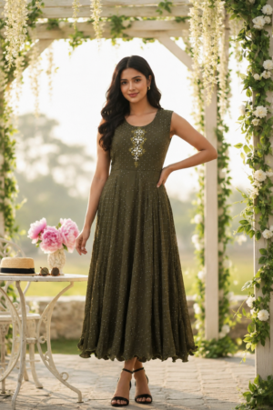 1595EM Women's Olive Green Imported Fabric Designer Gown 1595EM-427-D.GRN
