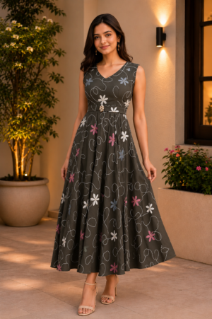 1595FL Women's Premium Grey Floral Imported Fabric Designer Gown 1595FL-427-MHD