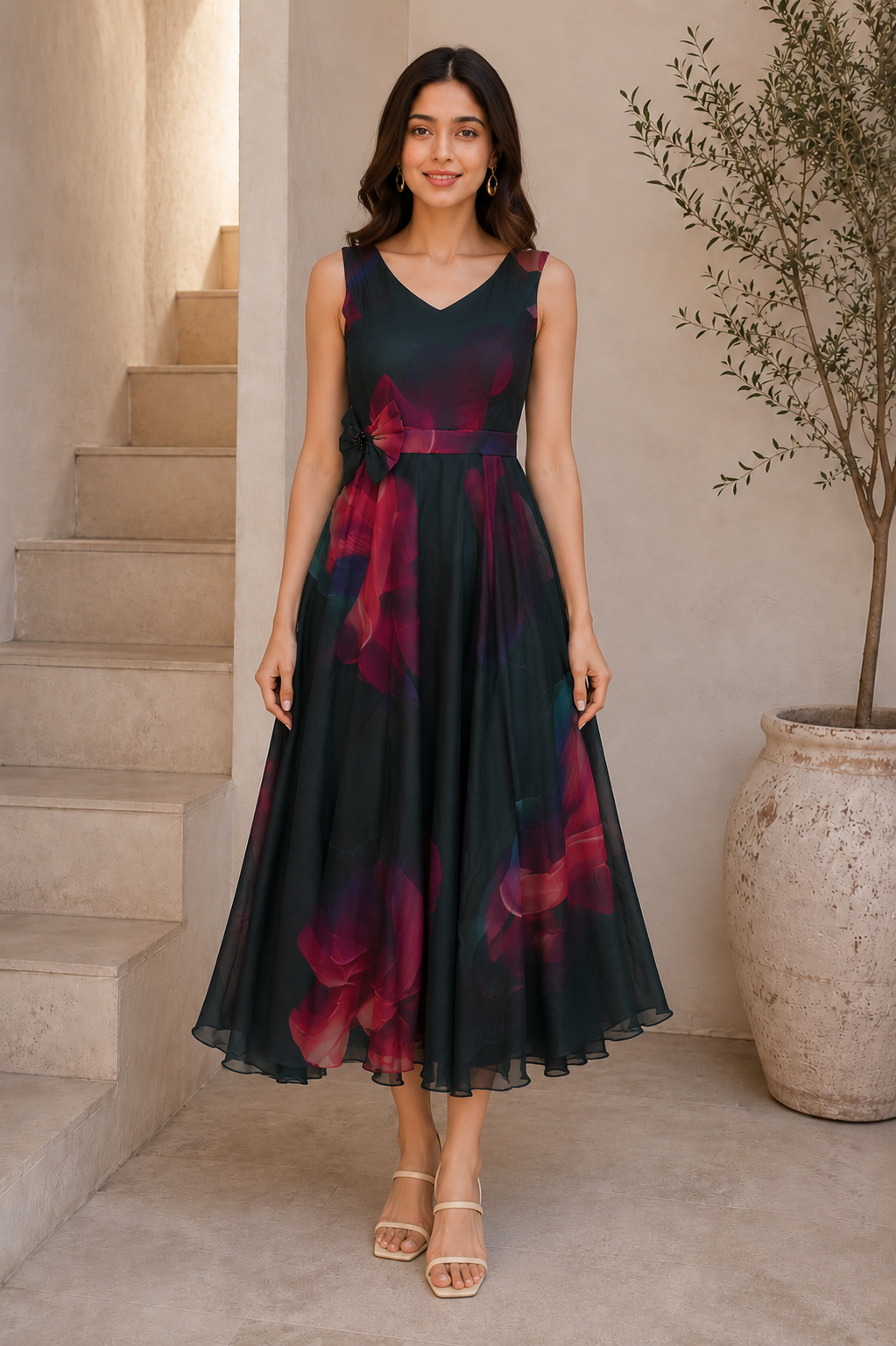 1595FL Women's Premium Midnight Floral Imported Fabric Designer Gown 1595FL-427-D GRN