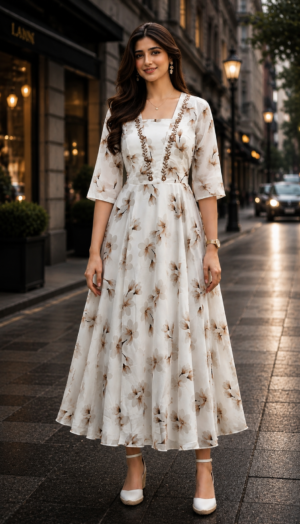 1595FL Women's Premium Ivory Floral Imported Fabric Designer Gown 1595FL-427-WHT