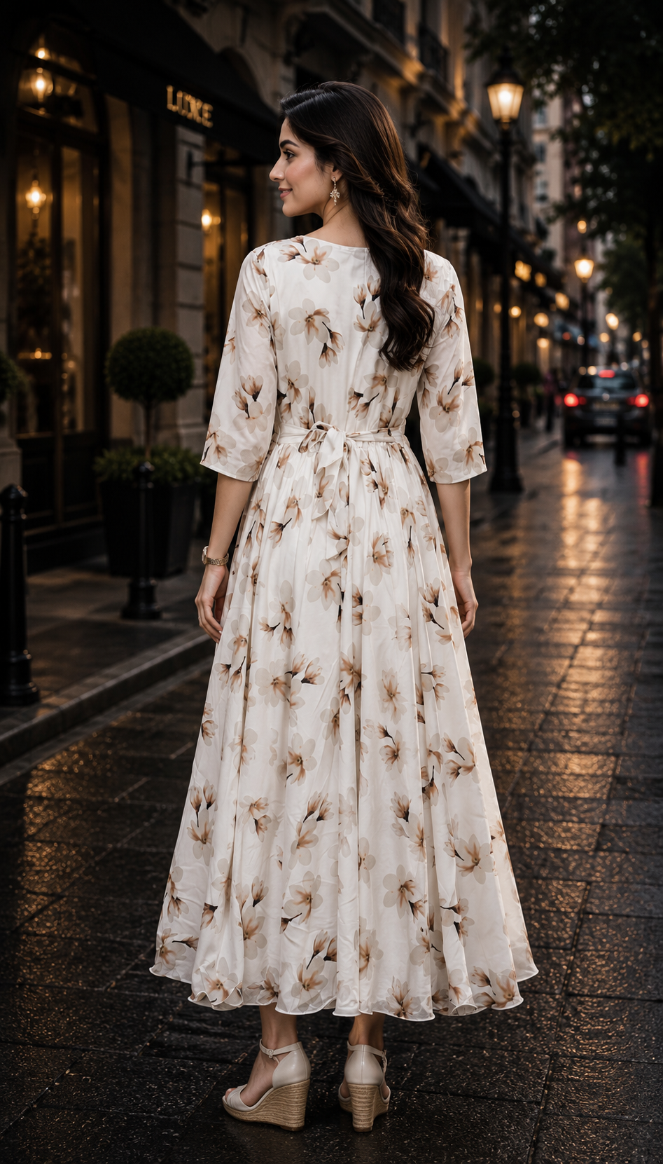 1595FL Women's Premium Ivory Floral Imported Fabric Designer Gown 1595FL-427-WHT - Image 4
