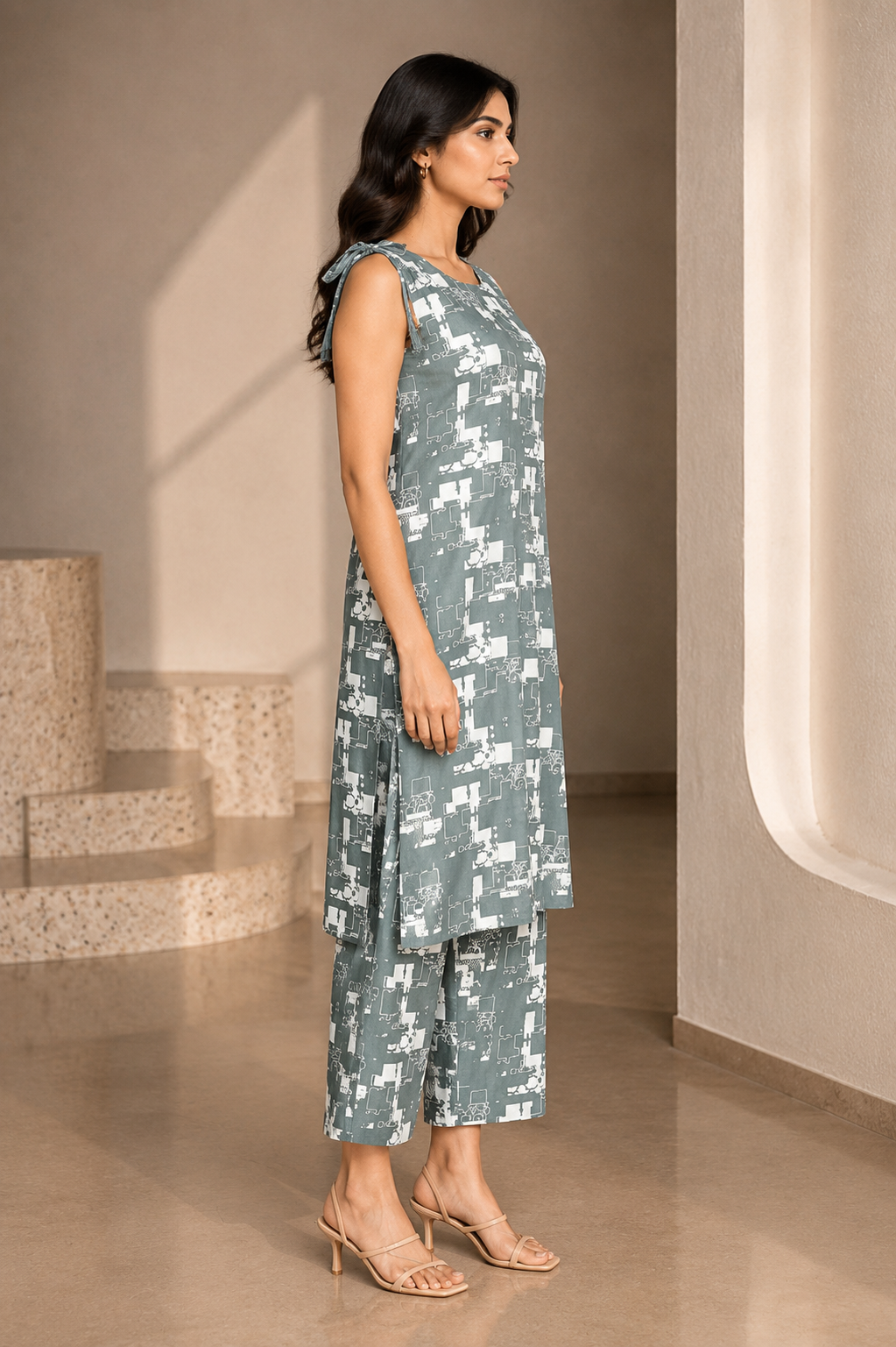 34116PT Women's Printed Cotton Kurta & Palazzo Co-ord Set 34116PT-337-GRY - Image 3
