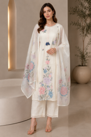 Women’s White Cotton Floral Printed Kurta Set with Dupatta 34134FL-337-CREAM