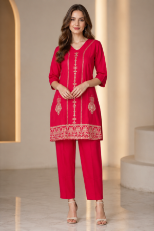 Women's Cotton Embroidered Kurta Pant Set 34135PT-337-RNI
