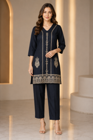 Women's Cotton Embroidered Kurta Pant Set 34135PT-337-NVY
