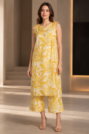 Women's Cotton Floral Printed Straight Kurta & Palazzo Set – Yellow 34148FL-337-YLW