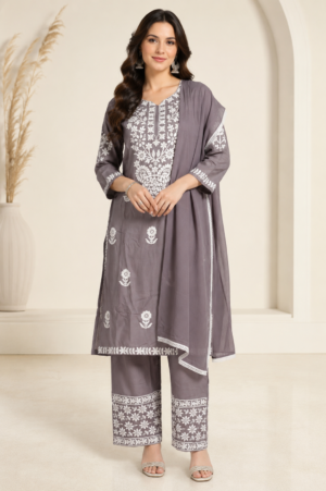 Women's Cotton Embroidered Kurta Pant Set with Dupatta 4485PT-445-PPL