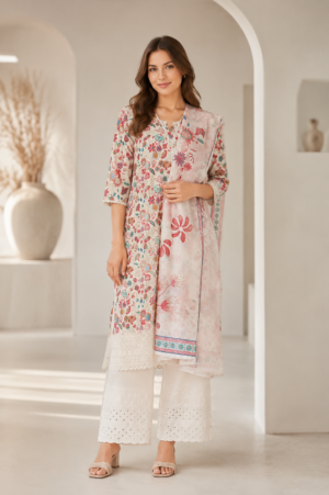 Women’s White Cotton Floral Printed Kurta Set with Dupatta 33765FL-337-PINK