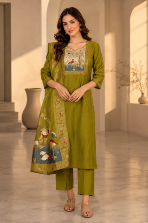 Women’s Olive Green Cotton Kurta Pant Set with Printed Dupatta 33952EM-337-GRN
